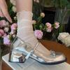 Xiaoxiangfeng Silver Bow French Thick Heel Mary Jane Shoes Women's 2025 Summer Light Mouth with Skirt Round Head Single Shoes