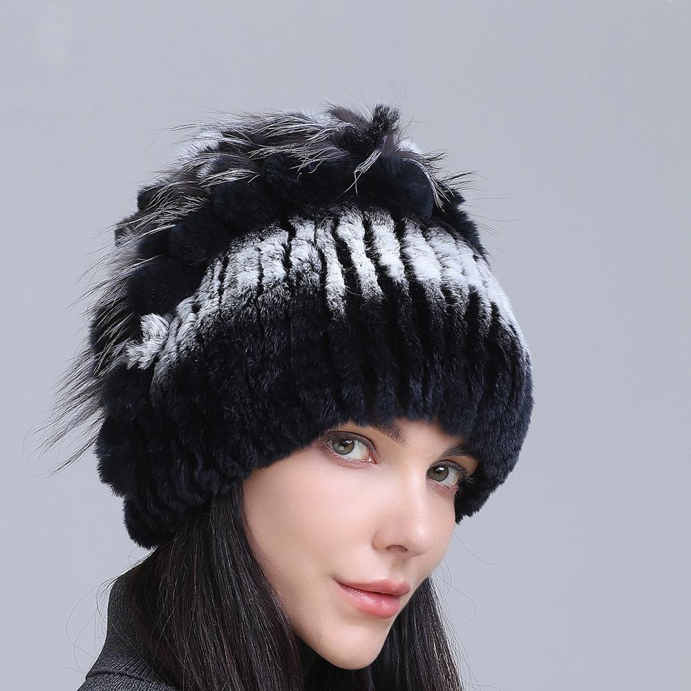 Winter Women's Warm Fashion Thick Wool Hat Rex Rabbit Fur Hat Knitted with Side Flower Hat
