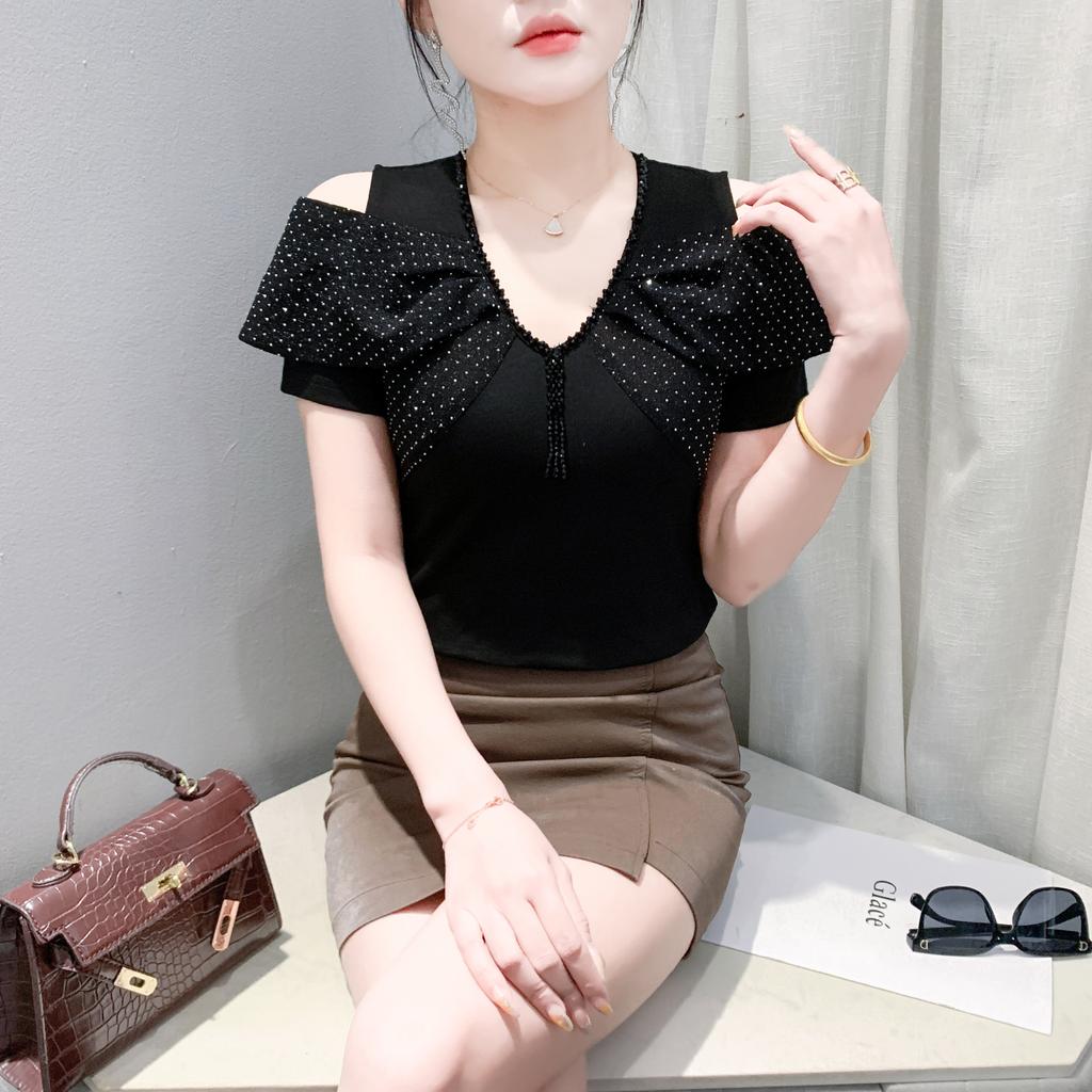 Summer Sexy Off Shoulder Beading T-shirt Women's Short Sleeves Tassels Design Tees New Cotton Female Tops