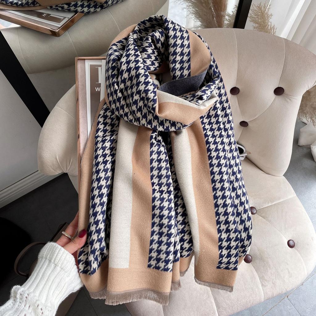 Imitation Cashmere Scarf Women'S Air-Conditioned Room Shawl Thousand Bird Grid Jacquard Elegant Long Scarf Short Beard Fringe Decorative Scarf