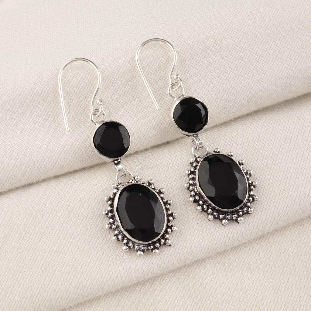 Black Onyx Gemstone Silver Earrings 2.2" , 925 Sterling Silver Elegant Jewelry Mother's Day Gift VEE-3-19