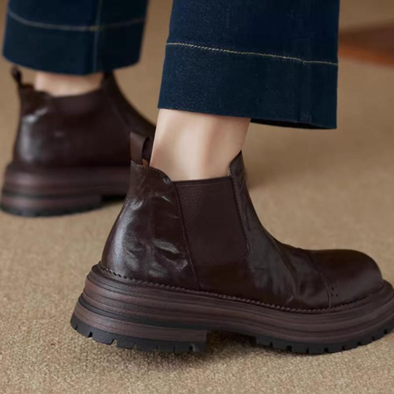 Fashion Vintage Sheep Leather Round Toe Winter Warm Chelsea Boots Med Heels Slip On Superstar European Designer Ankle Boots