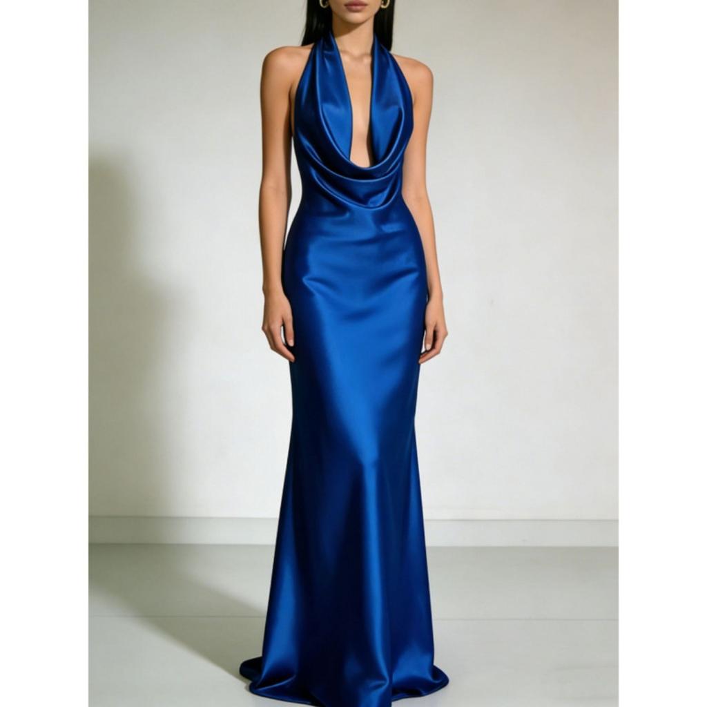 Sommer-Neckholder-Rückenfreies Satin-Abendkleid, Elegantes Sexy Langes Abschlussballkleid für Brautjungfernparty