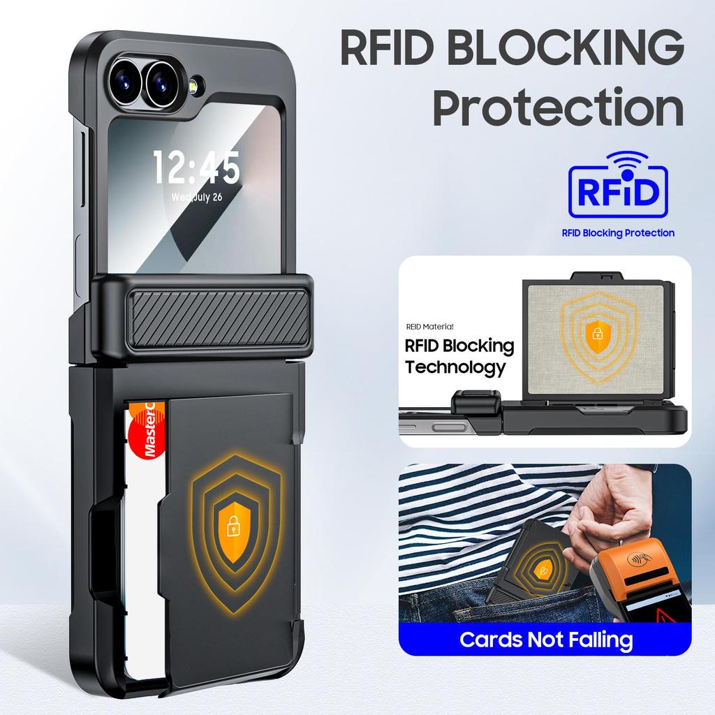 For Samsung Galaxy Z Flip 6 with Card Holder [RFID Blocking] & Hinge Protection & HD Screen Protector,Rugged Anti-Scratch Phone Case-Black