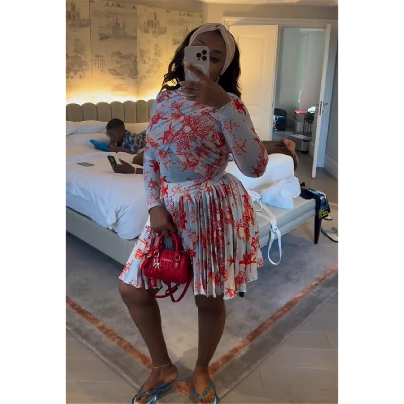 Women's 2026 Summer New Dress Design Slim-Fit Printed Long-Sleeve Top Pleated Skirt Set