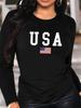 Women's Spring and Autumn 100% Polyester Comfortable Casual Fashion Long Sleeve American Flag Graphic Printed Round Neck T-shirt
