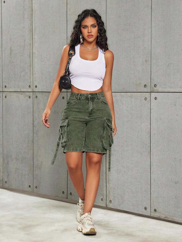 Rose Beauty A Y2K Street High Waist Flap Pocket Tape Detail Work Cargo Denim Bermuda Wide Leg Jean Shorts Summer Comfy Trendy Jorts