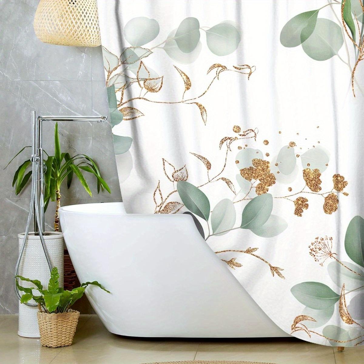 Baifenbai Home Furnishing Green/Gold 1Pc Sage Watercolor Eucalyptus Leaf Shower Curtain - Modern Botanical Bathroom Decor With Accents, Polyester Fabric