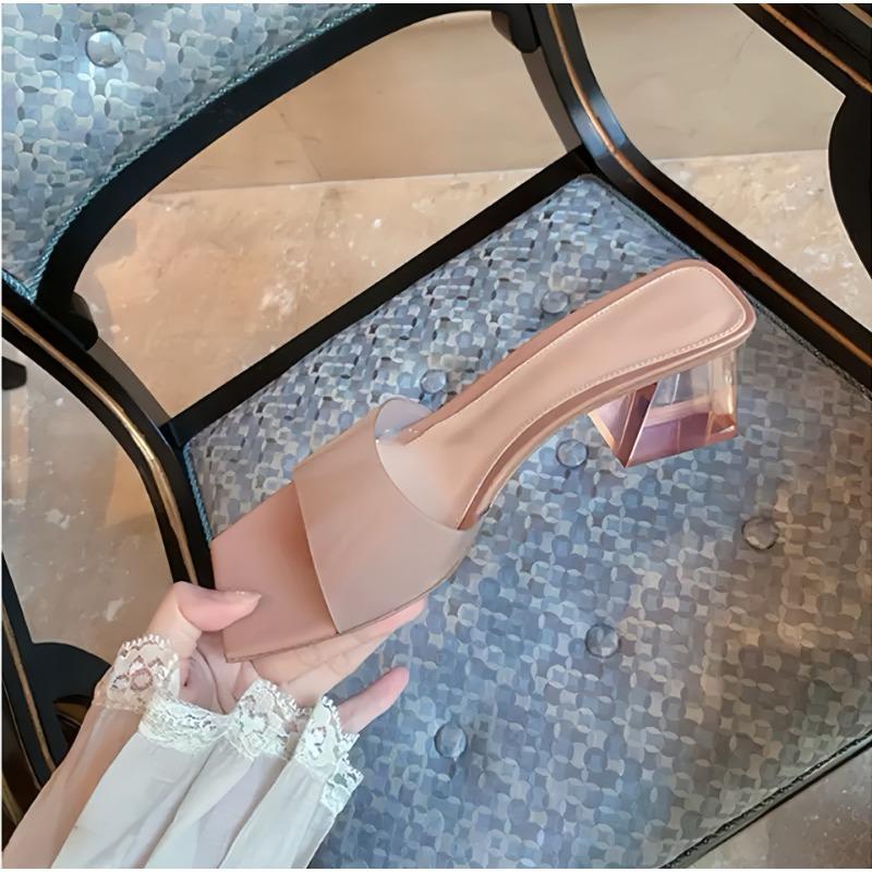 Sheepskin~ Square Head Rhinestone Transparent Slippers Women's Summer Wear Pvc Crystal Thick Heels Cool Slippers High Heels