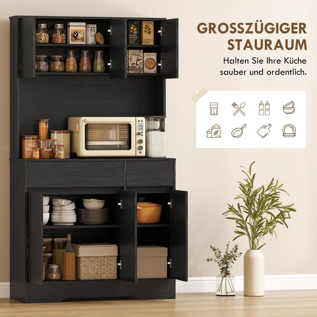 Credenza da cucina a buffet con piano di lavoro, 6 ante, Armadio alto contenitore con ripiani, Nero