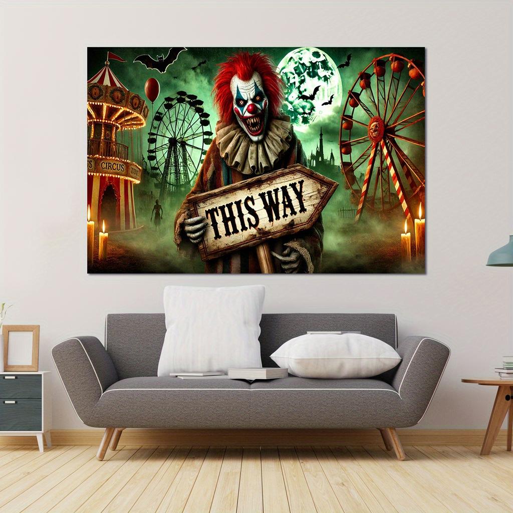 1 Horror Carnival Clown Guide Halloween Banner - Gothic Horror Party decorated with skulls witches and zombies