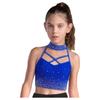 Kids Gymnastics Top Halter Sleeveless with Sparkling Rhinestones Cross Front Backless Dance Wear Costume