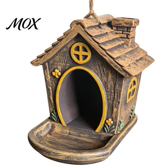 Wild Bird Gift for Gardeners House Shape Hanging Feeder Outdoor Garden Decor, Weatherproof Resin Decorative Station with Large Capacity Tray