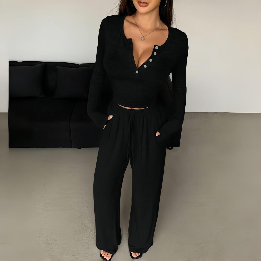 Autumn/Winter Slimming V-neck Wide Leg Long Sleeve Women's Jumpsuit Set