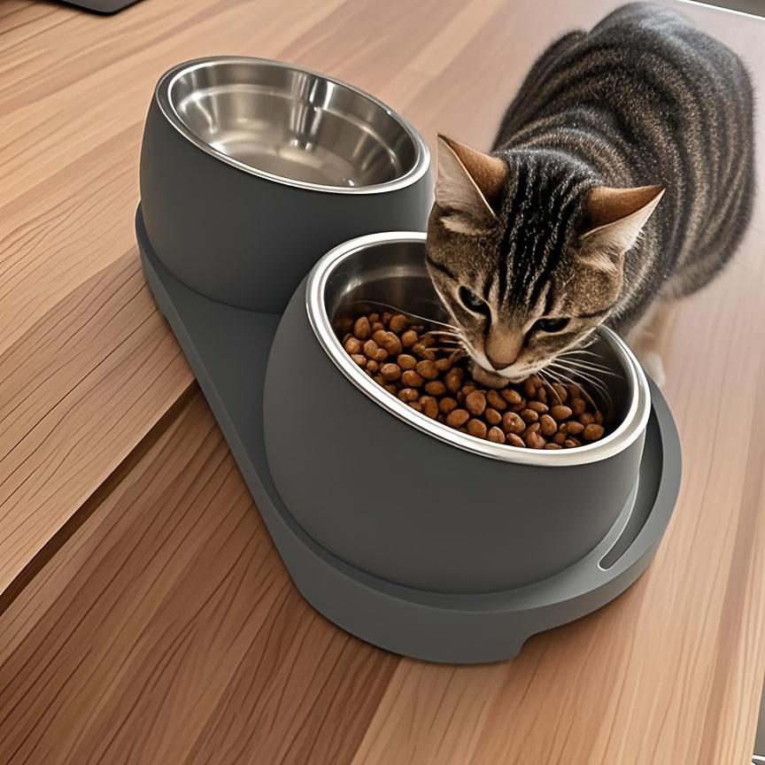Stainless Steel Dual Pet Bowl, Suitable for Dogs and Cats - Non-Slip Base - Anti-Spill Slanted Rim Cat Bowl - Perfect for Food and Water