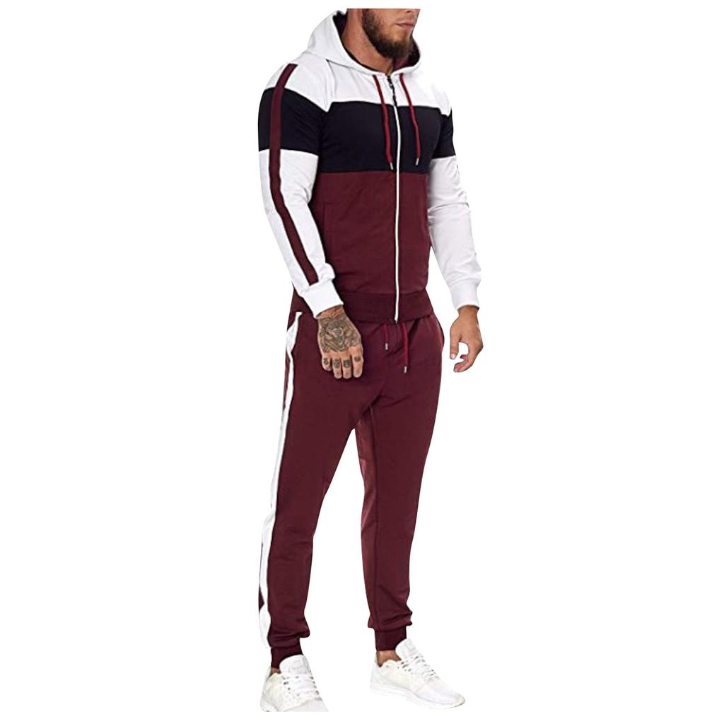 Men's fashion leisure color Patchwork sports fitness Hoodies pants suit