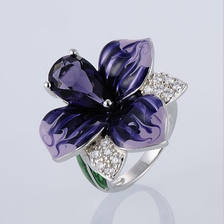 Hecheng Enamel Butterfly & Flower Cloisonné Ring for Women - European & American Style with Diamond Highlights