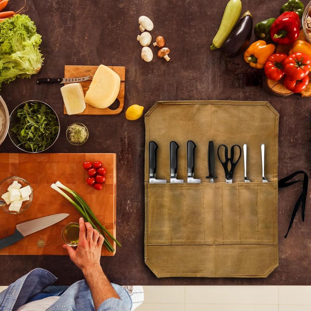 Waxed Canvas Chef's Knife Roll Bag with 7 Slots, Knife Roll Bag, Portable Knives Pouch Knife Storage Case Knife Carrier for Chefs Cooking Lovers Khaki