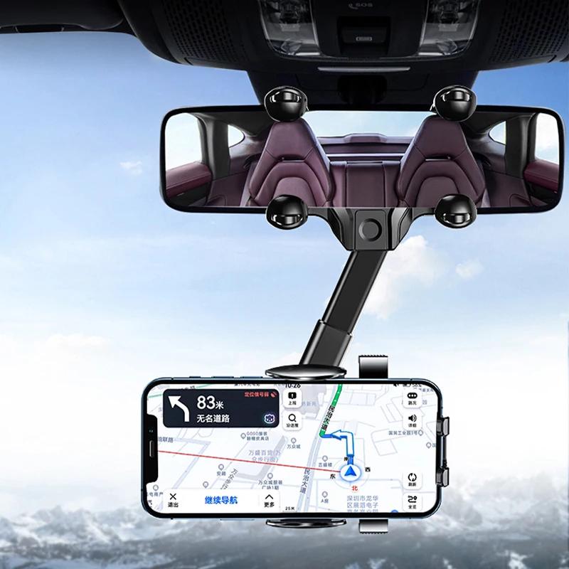 Car Rearview Mirror Phone Holder 360° Rotating Retractable Clip Foldable Mount GPS Support Universal Car Mobile Phone Stand