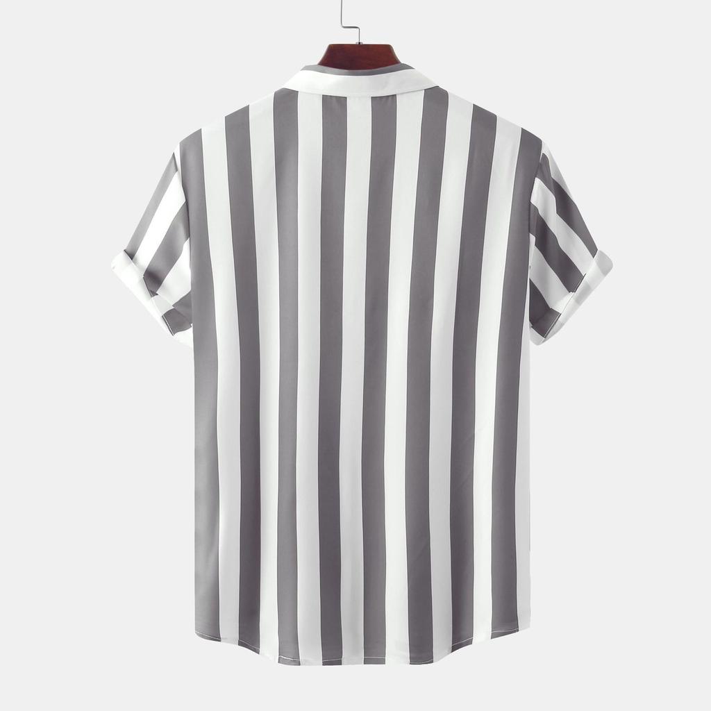 Men's Casual Holiday Stripe Printed Short Sleeve Top Cozy Lapel Short Sleeve Shirt