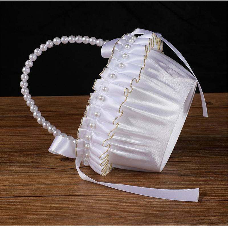 Elegant White And Gold Wedding Decorative Basket For Bridal Ceremonies Parties Decors Durable Fabric Storage Container
