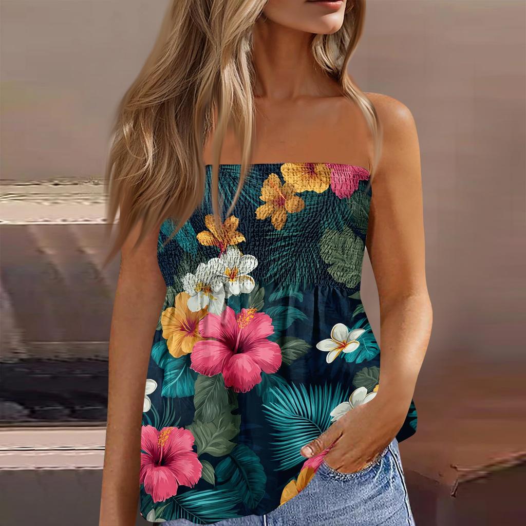 Women's Summer Fashion Strapless Top, Cute and Sexy Off-Shoulder Hawaiian Print Sleeveless T-Shirt