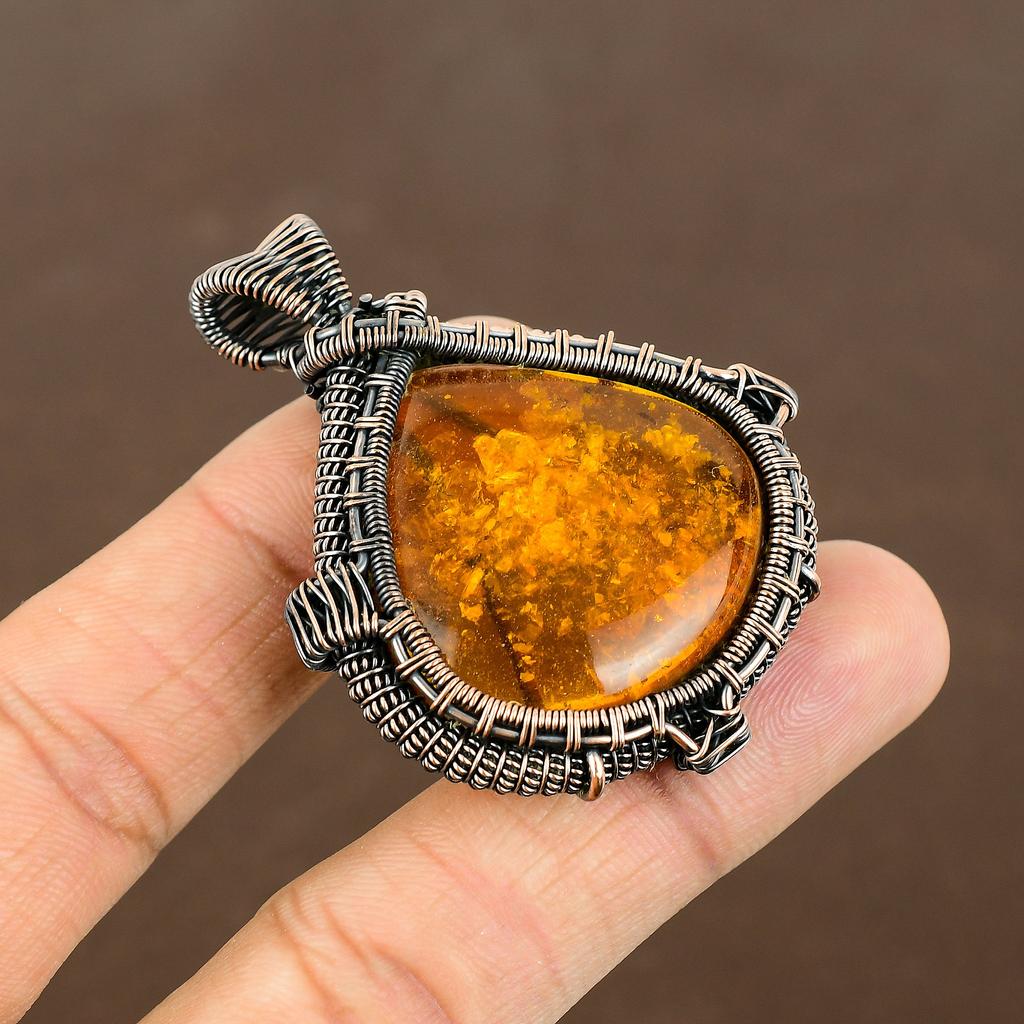 Natural Baltic Amber Gemstone Handmade Copper Wire Wrap Pendant 2.17" n4f41