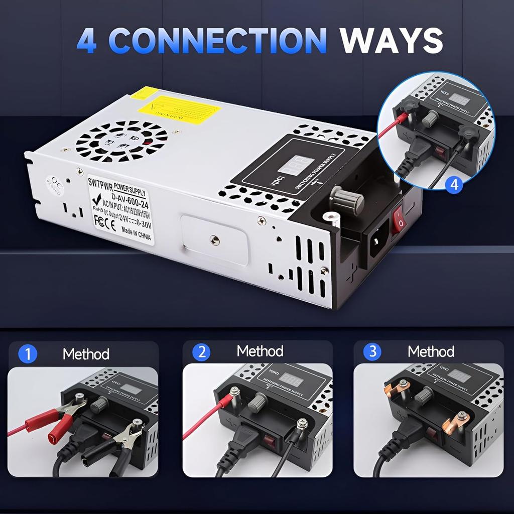 Adjustable 0-24V DC Power Supply 600W with LED Display, 110V To 24V AC/DC Converter for LED Lights, Car Stereo, Automotive Use