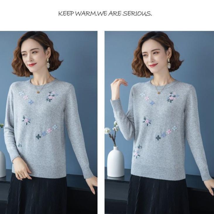 Women's Crew Neck Sweater Embroidered Loose Pullover Knitwear Soft Stretch Knit Top Spring Autumn