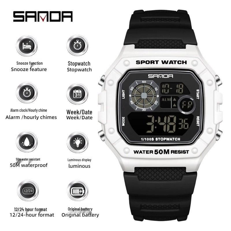 Sanda Unisex Square Luminous Multifunctional Digital Watch for Junior and Senior High School Students
