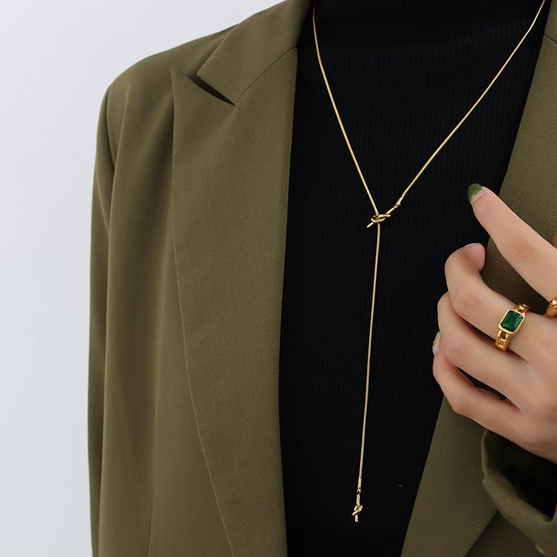 18K Gold Plated Korean Geometric Heart Knot Tassel Necklace M045