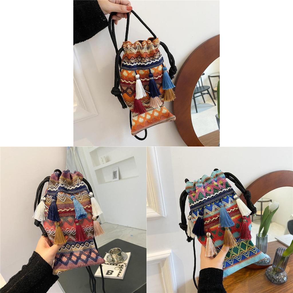 Art Ethnic Style Tassel Bag With Drawstring Closure For Casual Travel And Phone Storage