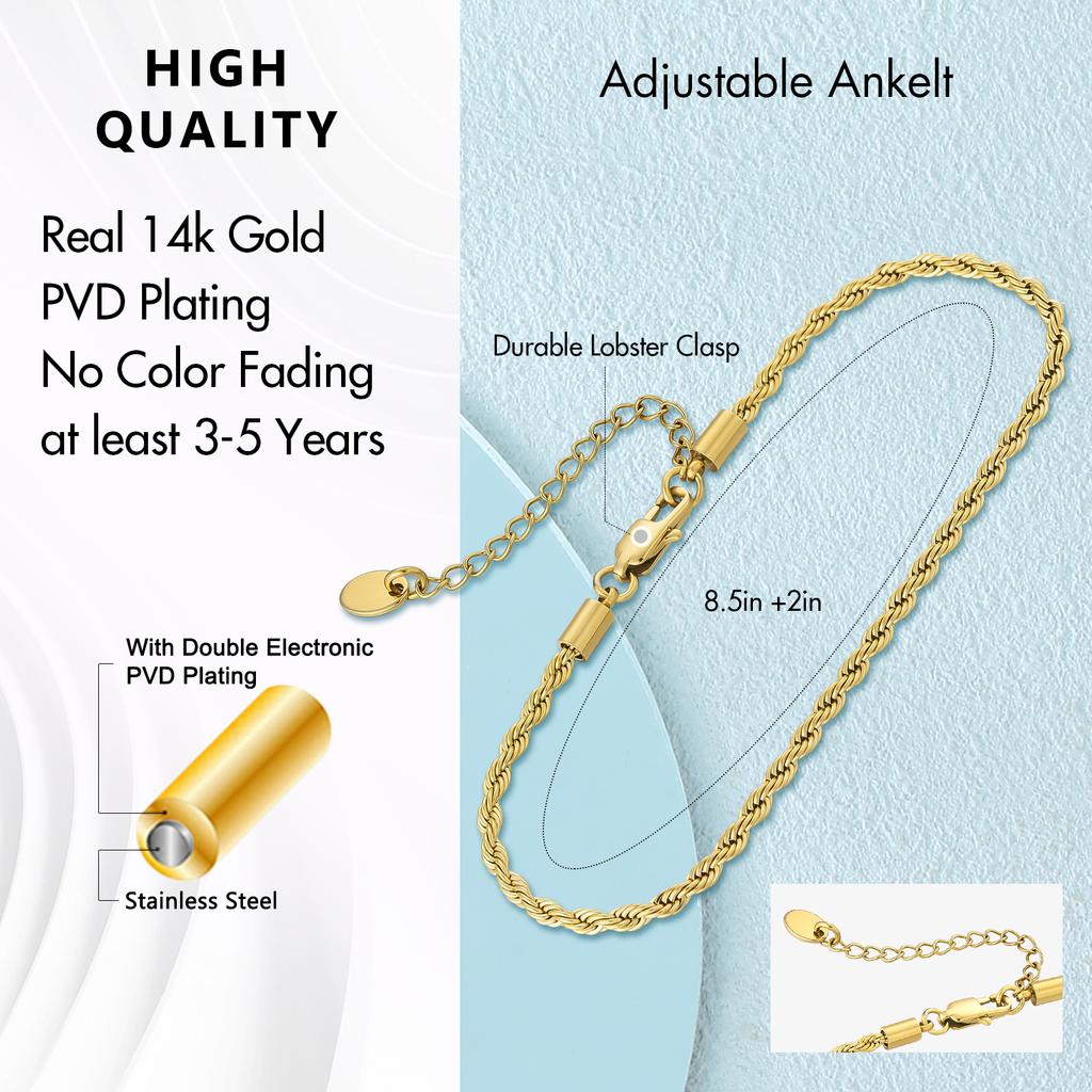 Women Girls Barefoot Ankle Jewelry 14K Gold Plated Summer Beach Gift Waterproof Stainless Steel Twist Rope Anklet Foot Bracelet