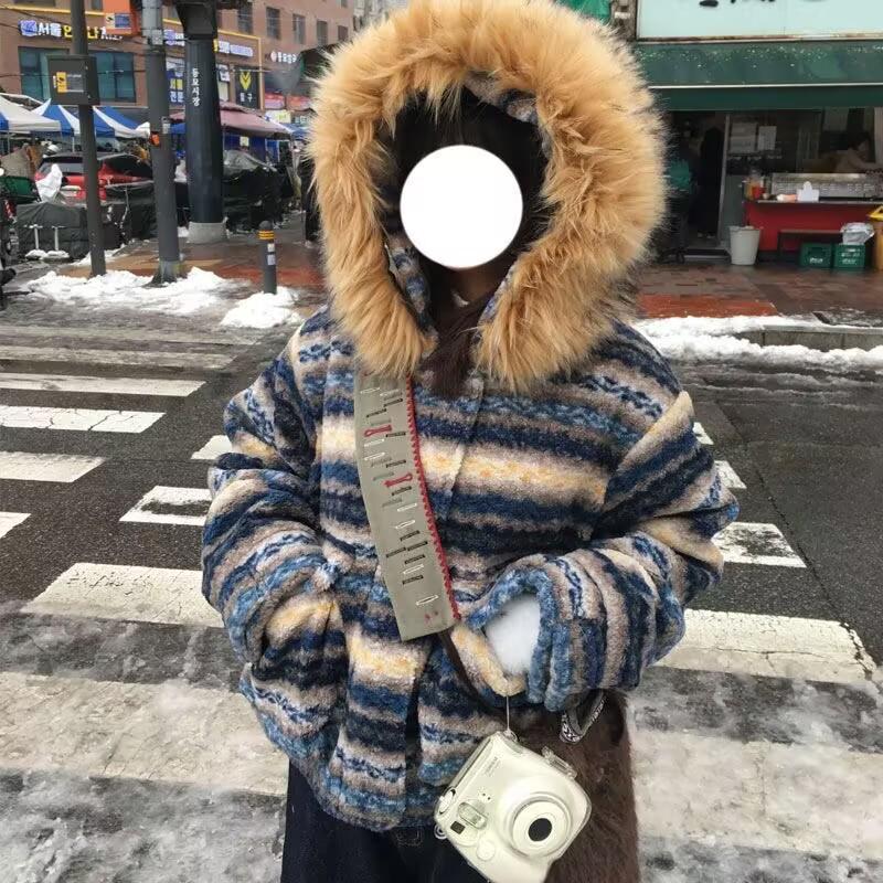 

Eco-friendly Retro Fair Isle Shearling Fleece Hooded Coat with Fur Collar Extra Large синій
