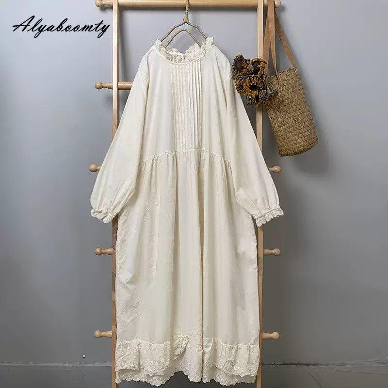 Japanese Mori Girl Spring Autumn Women Baggy Dress Ruffled Collar Cotton Oversized Dress Long Sleeve Brief Basic Ladies' Embroidery Dress