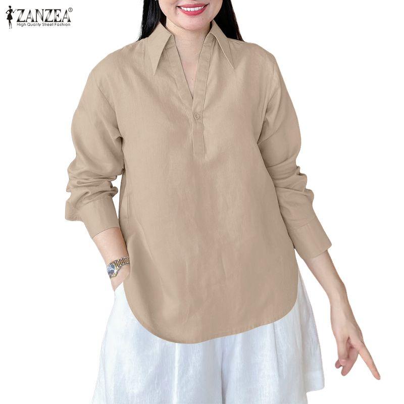 ZANZEA Damen Casual Umlegekragen 3/4 Ärmel Lockere Bluse