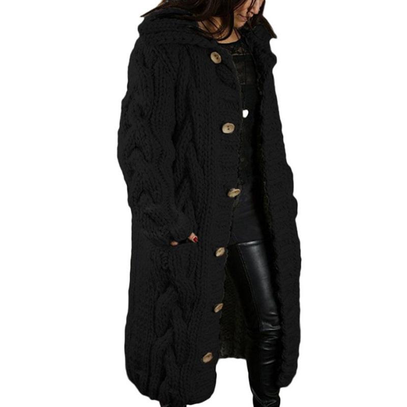 

Women s Thick Cable Knit Hooded Long Cardigan Button Up Sweater Coat 4XL чёрный