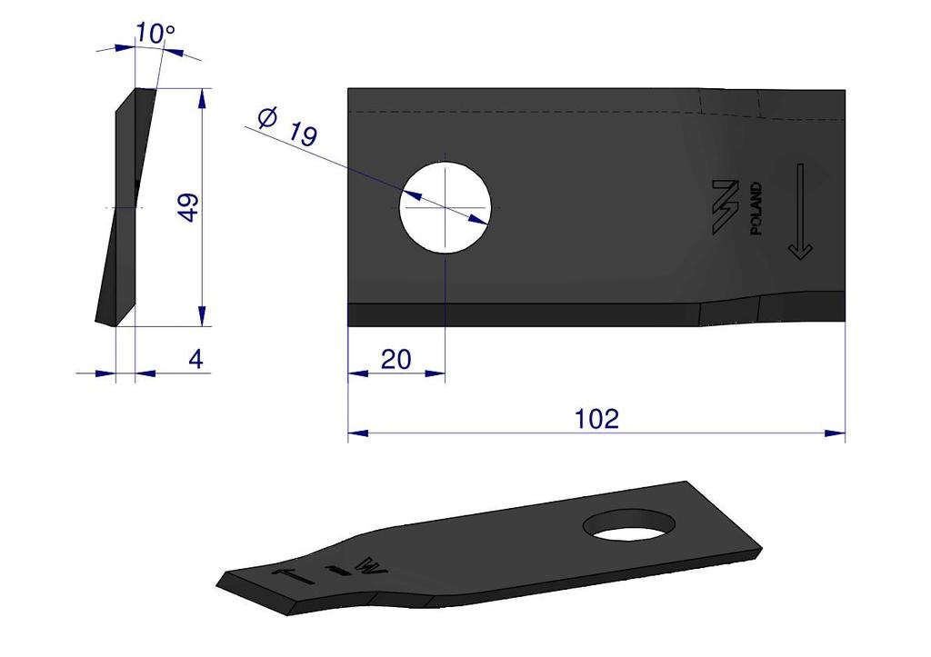 Right mower blade 102x48x4mm hole 19 application 570446 Niemeyer WARYŃSKI (sold in 25 pieces)