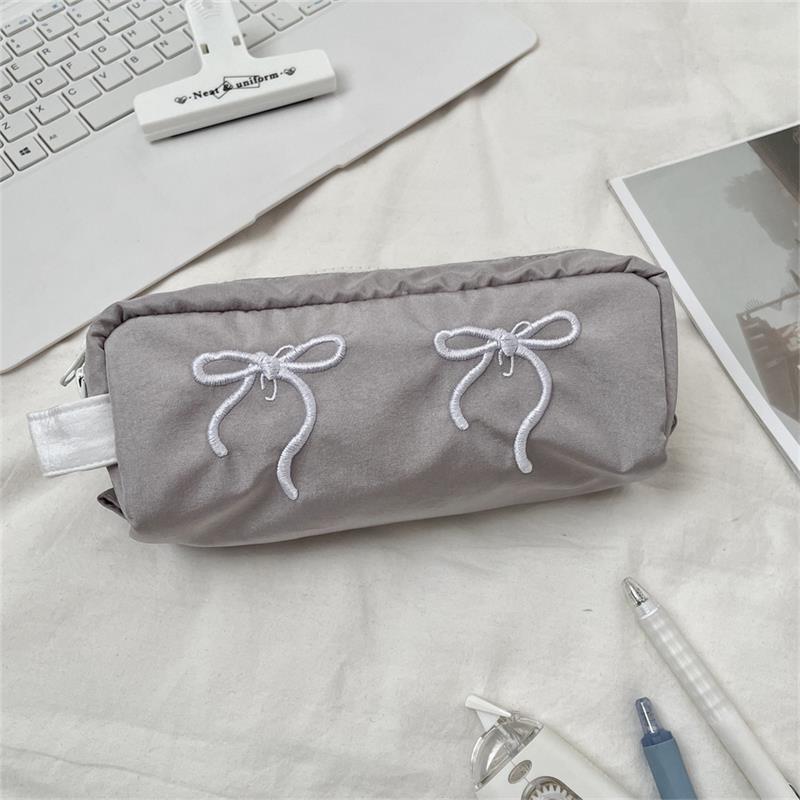 Cute Simple Bowknot Hand-Held Pencil Case Girly Pencil Bags Large Capacity Portable Student Stationery Storage Bag School Supply