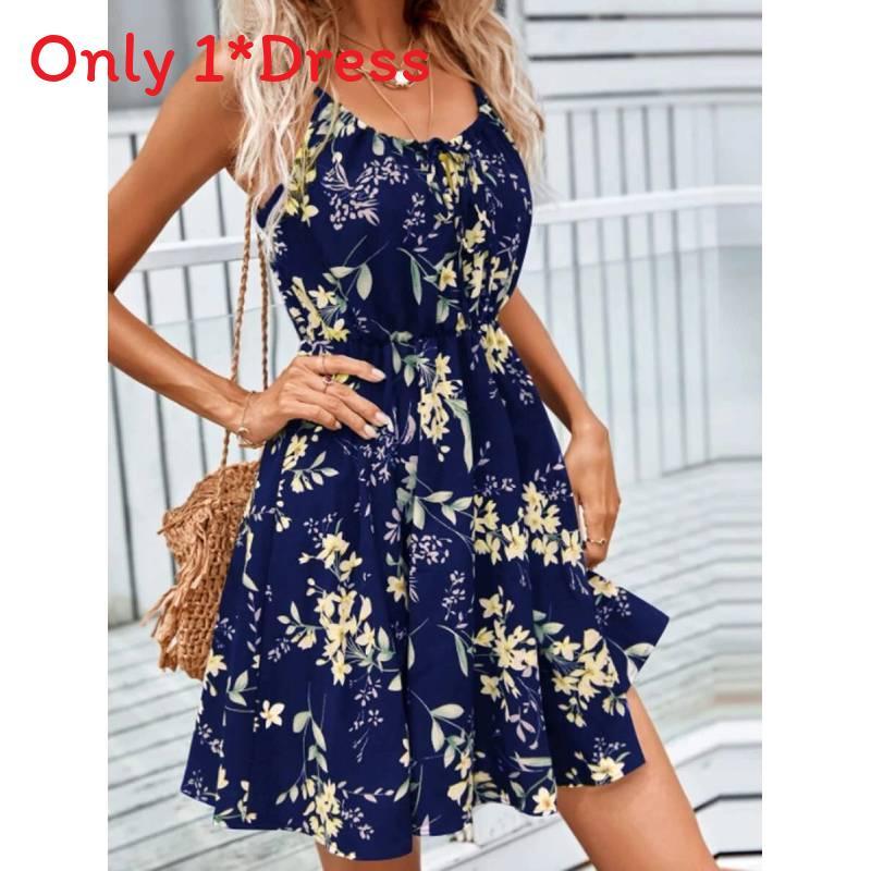 Summer Floral Printed Sleeveless Dress With Elastic Waist For Womens Casual Wear