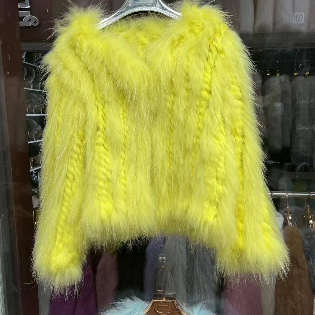 Real Raccoon Fur Woven Coat for Women Short Style Fur Rabbit Fur Long Sleeves Stylish Real Fur Round Neck Coat