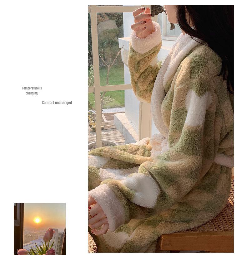 Autumn/Winter Women's Coral Fleece Bathrobe: V-neck, Belted, Long Sleeves, Mid-length, Sweet Style, Warm Homewear.