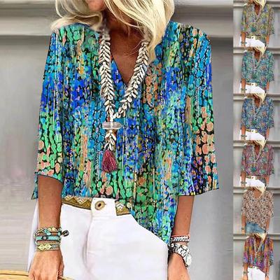 Women's Shirt Blouse Casual Loose Shirts  3/4 Sleeve  Print  V Neck Tops Print  Tops T-shirts Tee