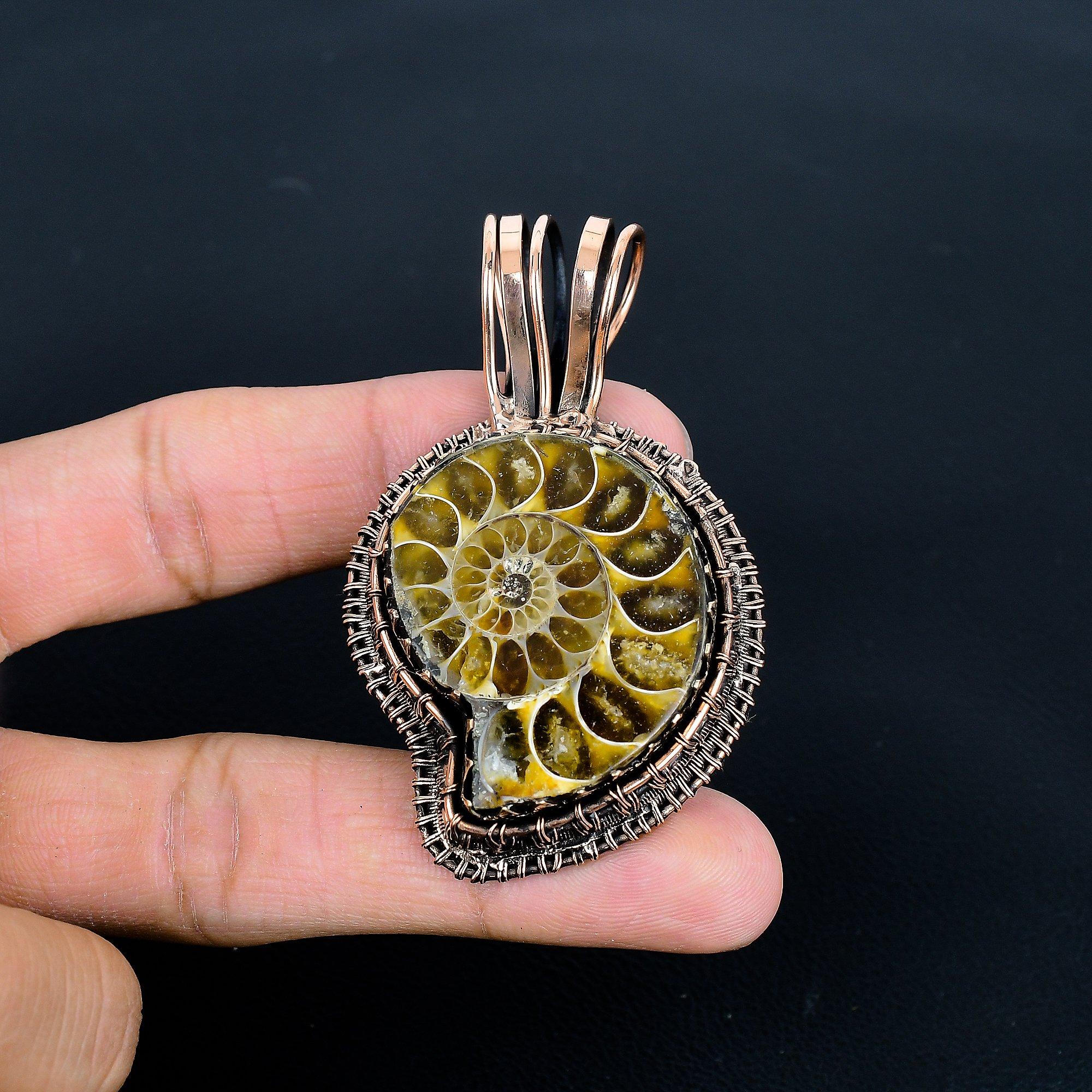 

Ammonite Fossil Pendant, Gemstone 999 Copper Wire Wrapped Jewelry Pendant, Handmade Jewelry Birthstone Pendant 2.55 Inches
