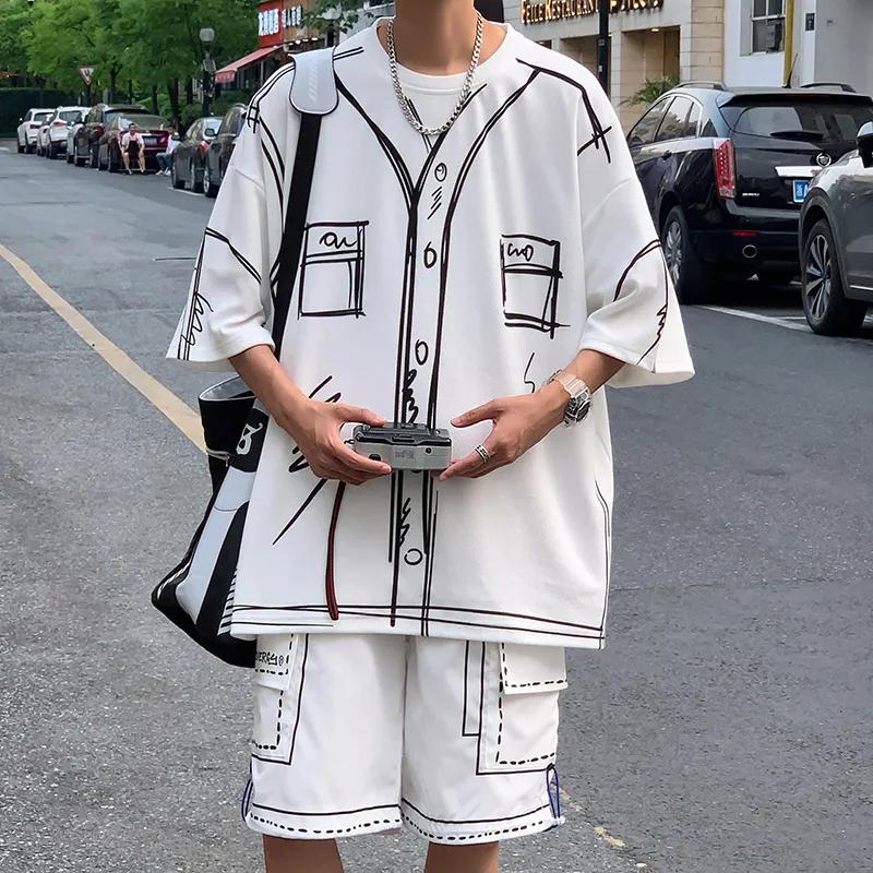 

Youth Summer Oversized Graffiti Sports Set Casual Ice-Silk Short-Sleeve Top + Pants Designer Workwear Two-Piece Set 4XL білий