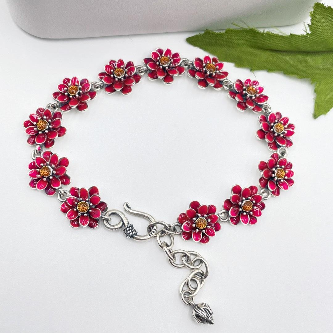 Elegant S925 Silver Enamel Vintage Pink Water Lily Bracelet