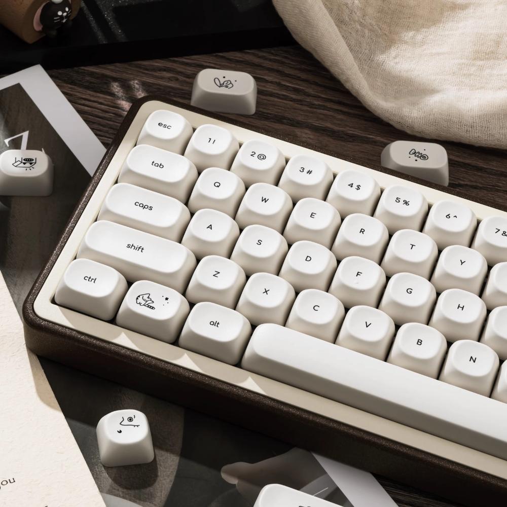 Happy Kitty Cat Keycap Set PBT Thermal Sublimation 124 Keys MOA Height Milk White Girls Mechanical Keyboard Keycaps