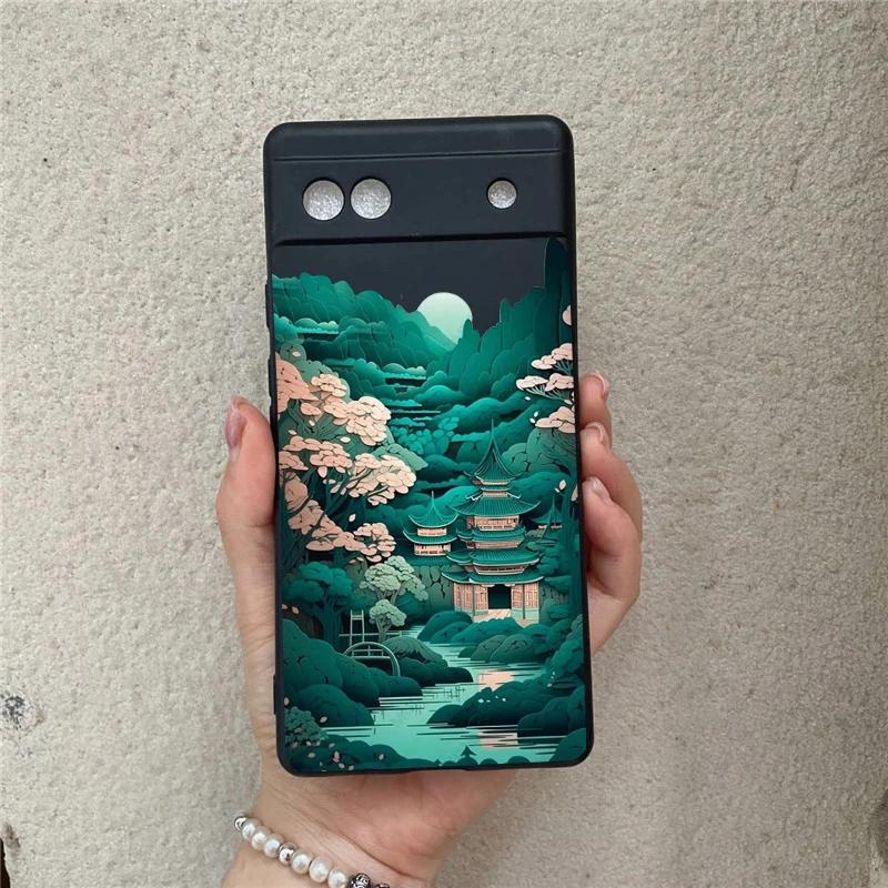 

Чехол для телефона с пейзажем из японского аниме для Google Pixel 7A 8 9 7 Pro 6A 6 5G, черный, мягкий, с полной защитой, задняя крышка-ракушка с цветочным принтом Pixel 8Pro