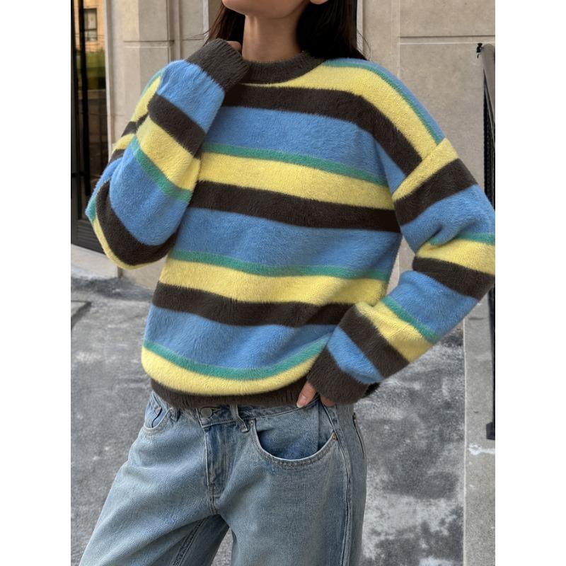 Women S Blue Round Neck Striped Knitted Sweater Casual Commute Style