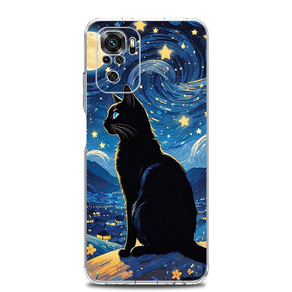 Phone Case For Xiaomi Redmi Note 15 14 13 12 4G 10 11 Pro Plus 5G 14C 13C 12C 10C Clear TPU Cover Cat Van Gogh Starry Sky